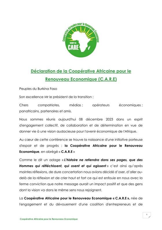 SCOOP-CA CARE – Coopérative Africaine pour le Renouveau Économique — Déclaration final[1]