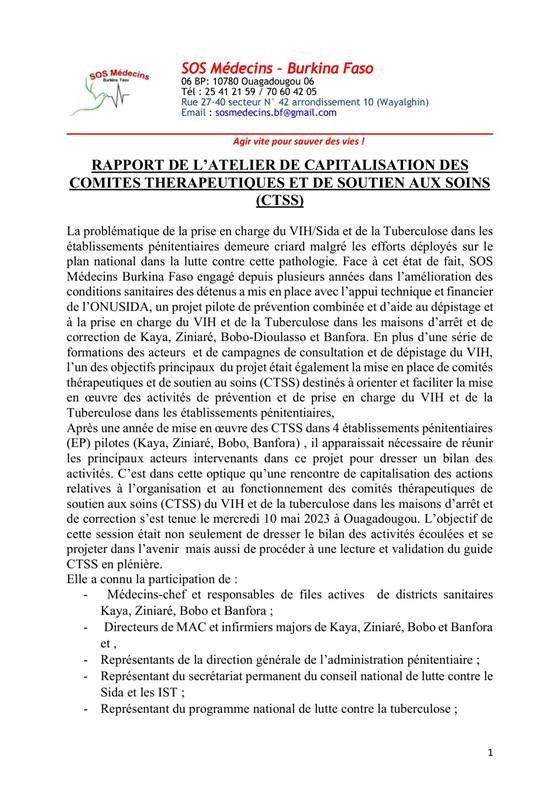 SOS Médecins Burkina Faso — Rapport Atelier de capitalisation des Comités Thérapeutiqu