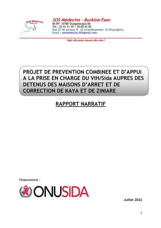 SOS Médecins Burkina Faso — Rapport Projet de prevention combinée et d’appui a la prise