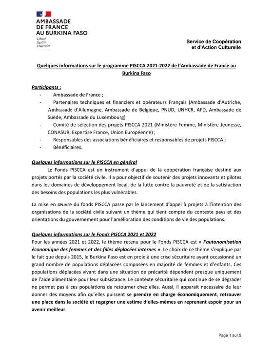 Projet PISCCA 2022 — Cérémonie de lancement du PISCCA 2022 Informations sur le